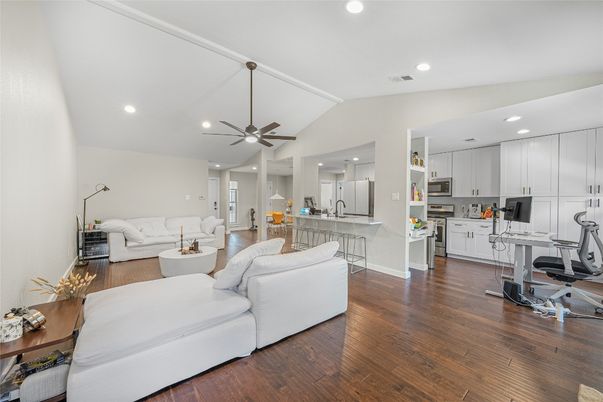 Home Office, Interior, Kitchen, Living room, Recessed Lighting, Wood Texture Flooring