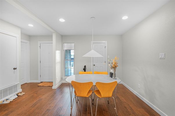 Dining room, Interior, Pendant Lights, Recessed Lighting, Wood Texture Flooring