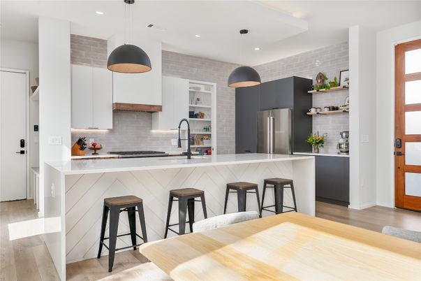 Interior, Kitchen, Pendant Lights, Recessed Lighting, Stainless Steel Appliances, Wood Texture Flooring