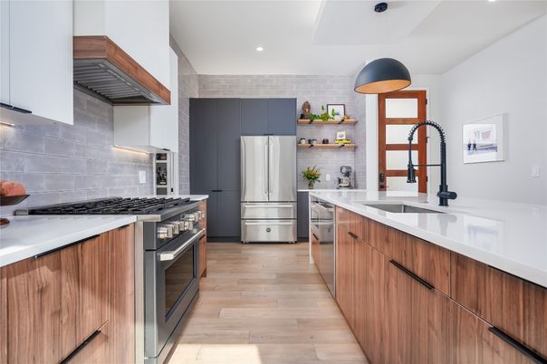 Interior, Kitchen, Pendant Lights, Recessed Lighting, Stainless Steel Appliances, Wood Texture Flooring