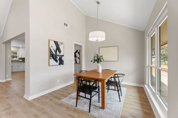 Dining room, Interior, Pendant Lights, Recessed Lighting, Wood Texture Flooring