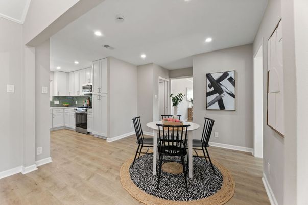 Dining room, Interior, Kitchen, Recessed Lighting, Wood Texture Flooring