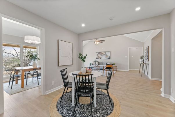 Dining room, Interior, Recessed Lighting, Wood Texture Flooring