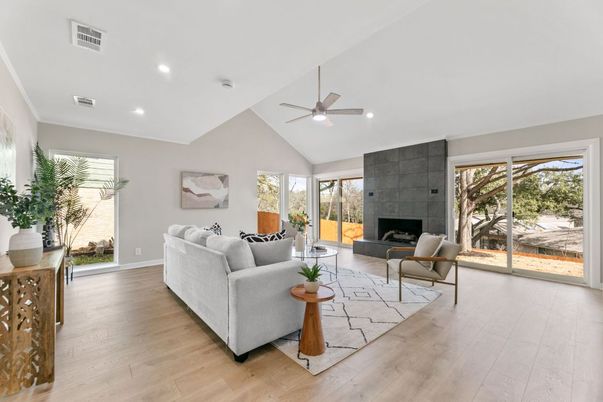 Fireplace, Interior, Living room, Recessed Lighting, Wood Texture Flooring