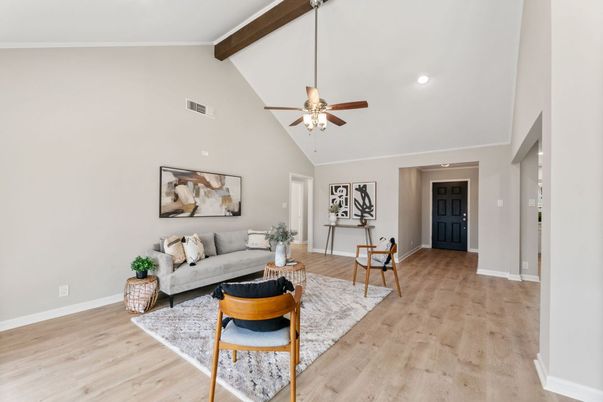 Interior, Living room, Recessed Lighting, Wooden Beams, Wood Texture Flooring