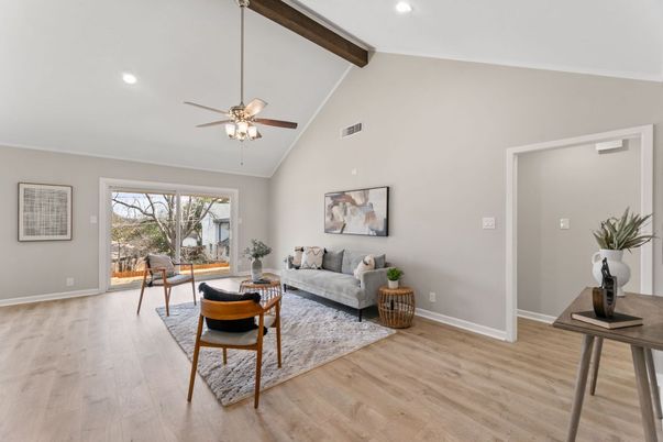 Interior, Living room, Recessed Lighting, Wooden Beams, Wood Texture Flooring