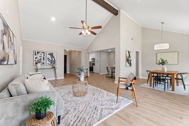 Dining room, Interior, Pendant Lights, Recessed Lighting, Wooden Beams, Wood Texture Flooring