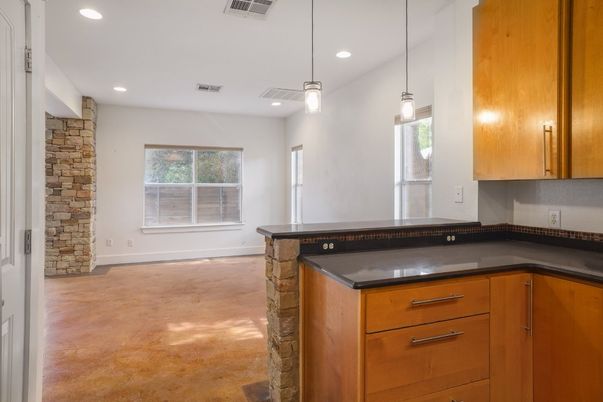 Empty room, Interior, Kitchen, Pendant Lights, Recessed Lighting, Stone Walls