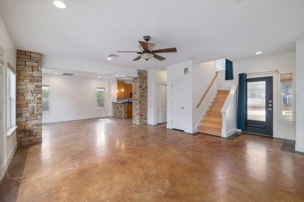Empty room, Fireplace, Interior, Recessed Lighting, Stone Walls