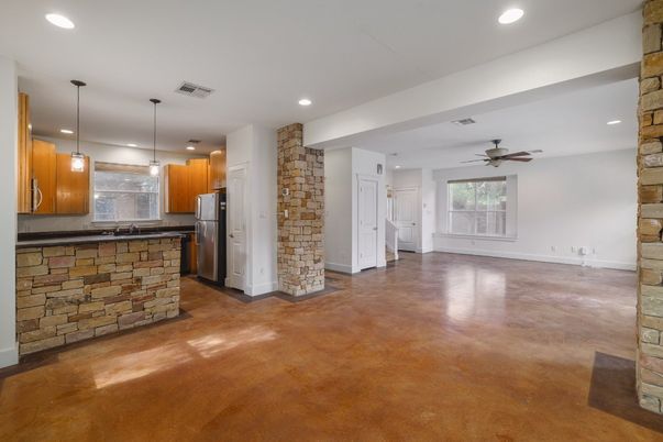 Empty room, Interior, Kitchen, Pendant Lights, Recessed Lighting, Stone Walls