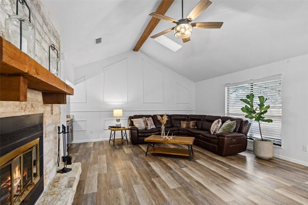 Fireplace, Interior, Living room, Wooden Beams, Wood Texture Flooring