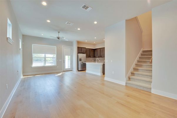 Empty room, Interior, Kitchen, Recessed Lighting, Wood Texture Flooring