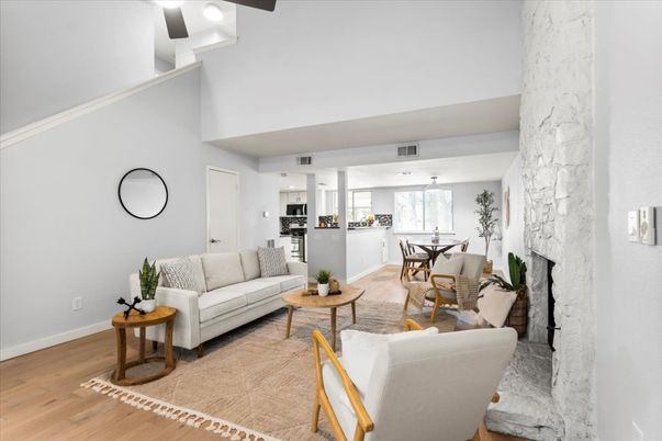 Dining room, Fireplace, Interior, Kitchen, Living room, Pendant Lights, Stone Walls, Wood Texture Flooring
