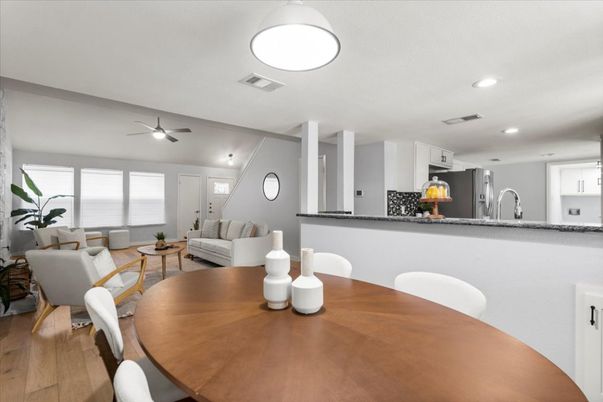 Dining room, Interior, Kitchen, Living room, Recessed Lighting, Water, Wood Texture Flooring