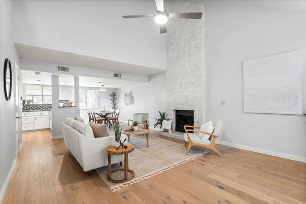 Dining room, Fireplace, Interior, Living room, Stone Walls, Wood Texture Flooring
