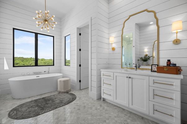 Bathroom, Dual Sink Vanities, Free Standing Baths, Interior, Marble, Pendant Lights
