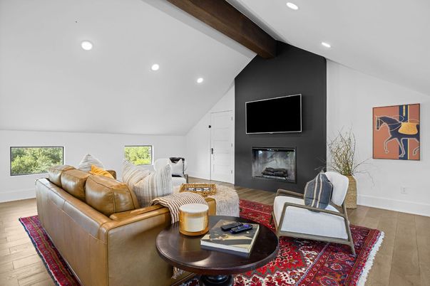 Fireplace, Interior, Living room, Recessed Lighting, Wooden Beams, Wood Texture Flooring