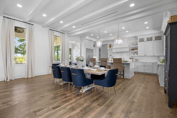 Dining room, Interior, Kitchen, Pendant Lights, Recessed Lighting, Wood Texture Flooring