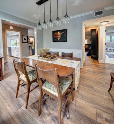Dining room, Interior, Pendant Lights, Wood Texture Flooring