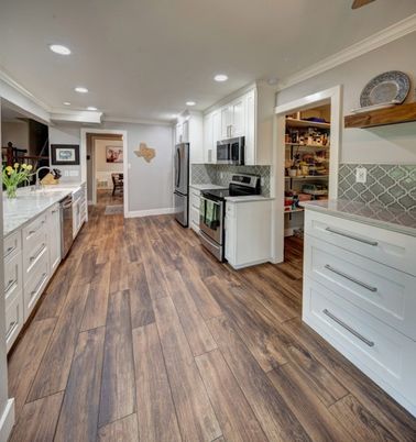 Interior, Kitchen, Recessed Lighting, Stainless Steel Appliances, Wood Texture Flooring