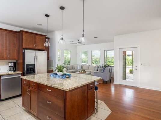 Interior, Kitchen, Living room, Pendant Lights, Wood Texture Flooring