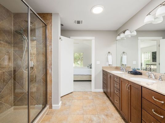Bathroom, Dual Sink Vanities, Glass Shower, Interior, Recessed Lighting