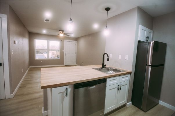 Interior, Kitchen, Pendant Lights, Recessed Lighting, Wood Texture Flooring
