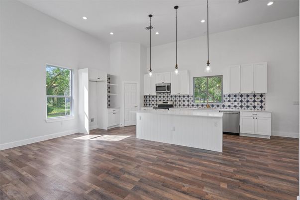 Interior, Kitchen, Pendant Lights, Recessed Lighting, Stainless Steel Appliances, Wood Texture Flooring