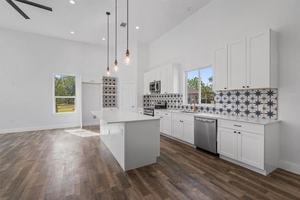 Interior, Kitchen, Pendant Lights, Recessed Lighting, Wood Texture Flooring