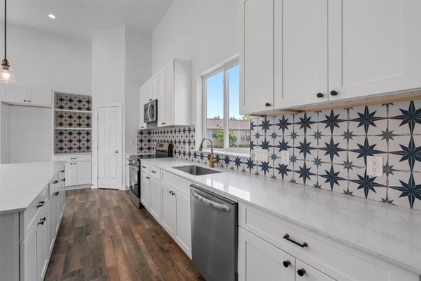 Interior, Kitchen, Pendant Lights, Recessed Lighting, Stainless Steel Appliances, Wood Texture Flooring