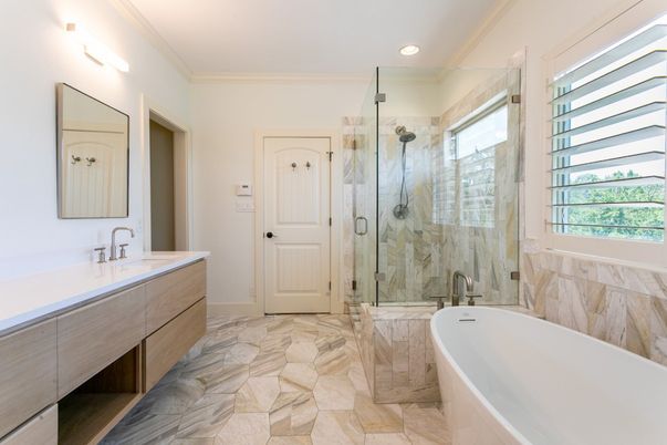 Bathroom, Dual Sink Vanities, Free Standing Baths, Glass Shower, Interior, Marble Walls, Recessed Lighting