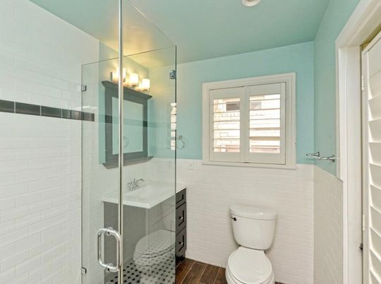 Bathroom, Glass Shower, Interior, Recessed Lighting, Wood Texture Flooring