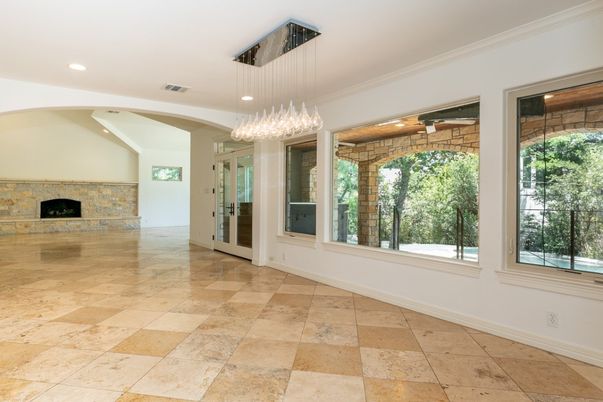 Empty room, Fireplace, Interior, Pendant Lights, Recessed Lighting, Stone Walls