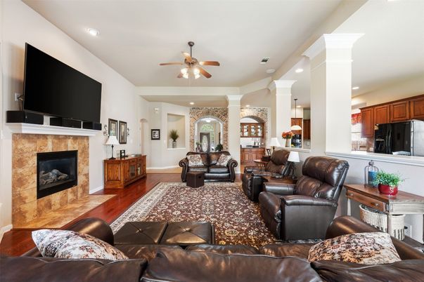 Fireplace, Interior, Kitchen, Living room, Pendant Lights, Recessed Lighting, Wood Texture Flooring