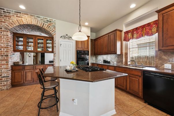 Interior, Kitchen, Pendant Lights, Recessed Lighting, Stainless Steel Appliances, Stone Walls