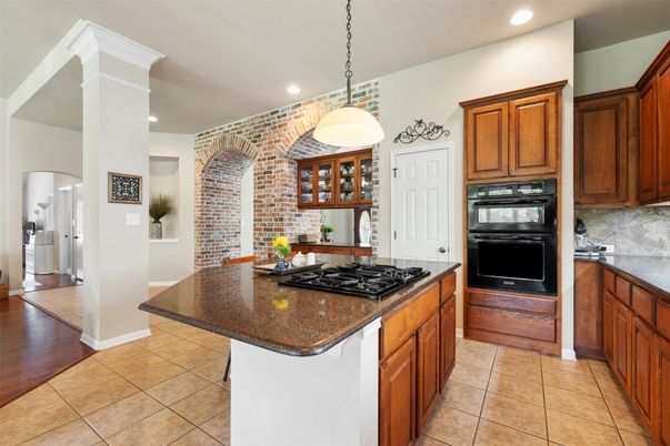 Interior, Kitchen, Pendant Lights, Recessed Lighting, Stone Walls, Wood Texture Flooring