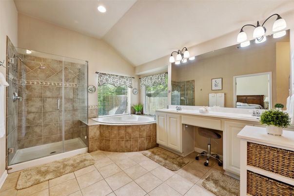 Bathroom, Dual Sink Vanities, Glass Shower, Interior, Recessed Lighting