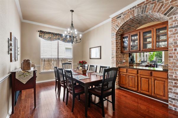 Chandelier, Dining room, Interior, Stone Walls, Wood Texture Flooring