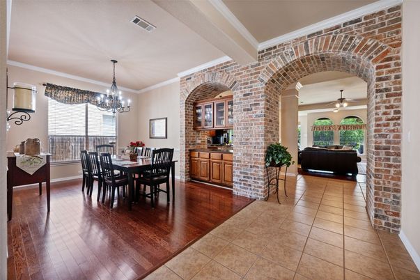 Chandelier, Dining room, Interior, Stone Walls, Wood Texture Flooring