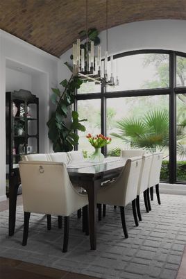 Dining room, Interior, Pendant Lights, Wood Texture Flooring
