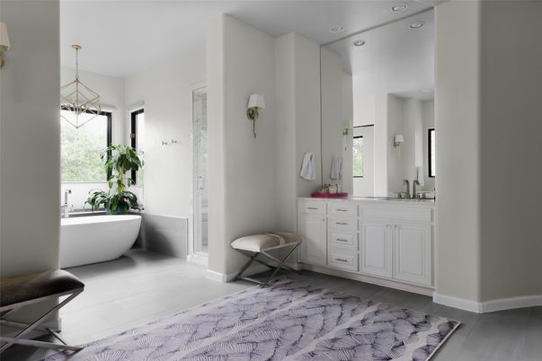 Bathroom, Dual Sink Vanities, Free Standing Baths, Interior, Pendant Lights, Recessed Lighting, Wood Texture Flooring