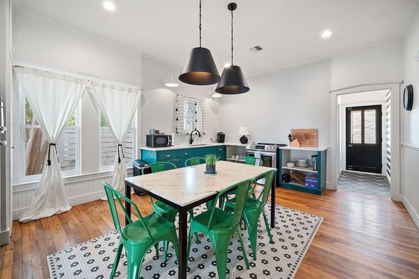 Dining room, Interior, Kitchen, Pendant Lights, Recessed Lighting, Wood Texture Flooring