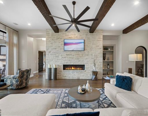 Fireplace, Interior, Living room, Recessed Lighting, Stone Walls, Wooden Beams, Wood Texture Flooring
