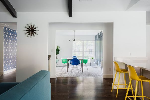 Dining room, Interior, Pendant Lights, Wood Texture Flooring