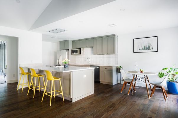 Dining room, Interior, Kitchen, Recessed Lighting, Wood Texture Flooring