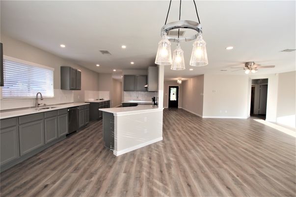 Interior, Kitchen, Pendant Lights, Recessed Lighting, Wood Texture Flooring