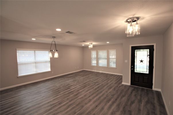 Empty room, Interior, Pendant Lights, Recessed Lighting, Wood Texture Flooring