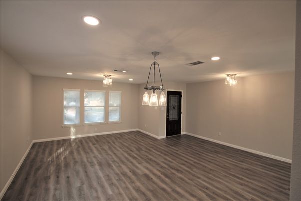 Chandelier, Empty room, Interior, Pendant Lights, Recessed Lighting, Wood Texture Flooring
