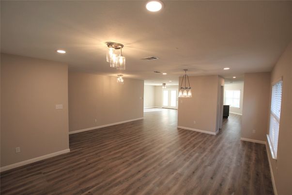 Empty room, Interior, Pendant Lights, Recessed Lighting, Wood Texture Flooring
