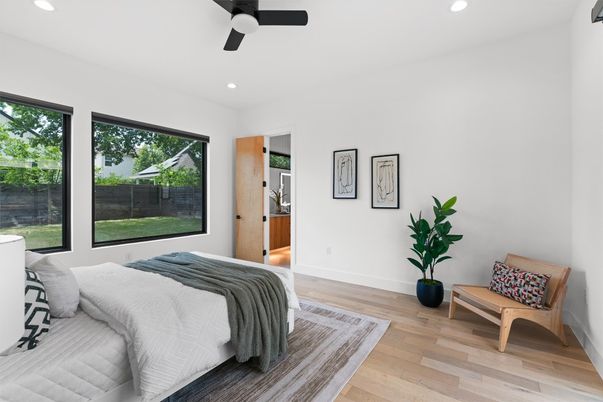 Bedroom, Interior, Recessed Lighting, Wood Texture Flooring